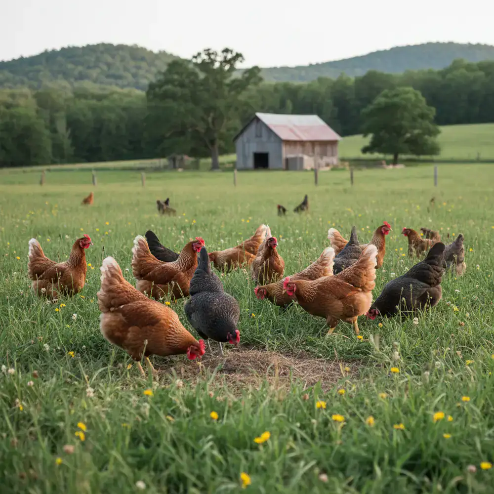 Heritage laying hens foraging in green pasture