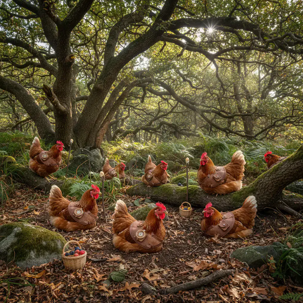 Woodland ranger chickens resting under trees