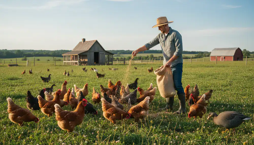 Farmer distributing organic feed to free-range poultry