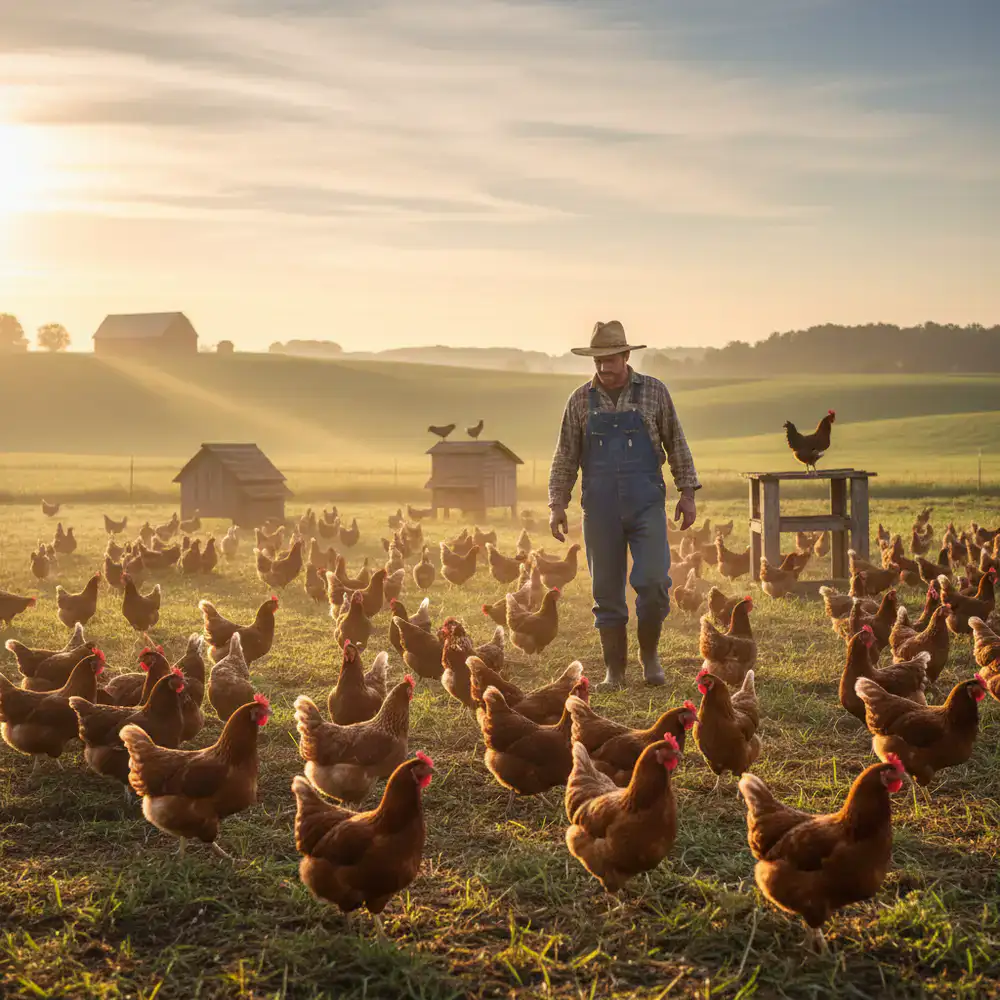 Farmer walking among free-range chickens in the morning light