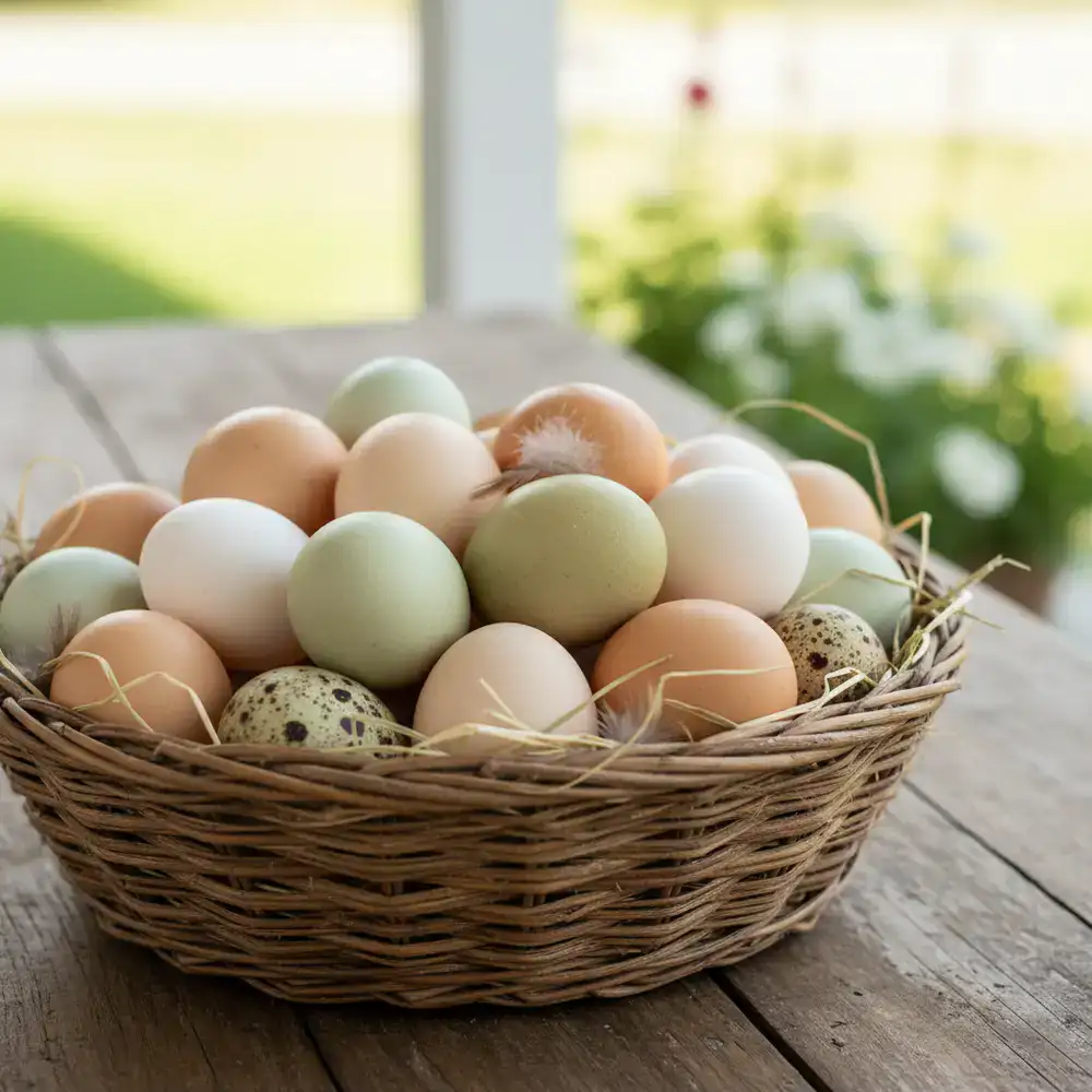 A basket of freshly collected, multi-colored organic farm eggs