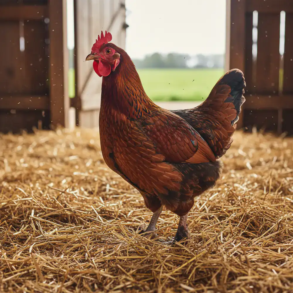 A healthy heritage breed chicken standing on fresh straw