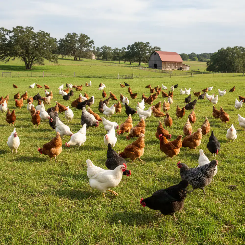 A large flock of free-range chickens roaming on green pasture