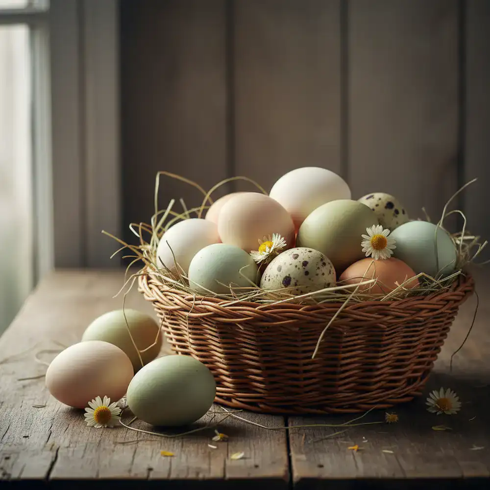 Wicker basket full of assorted organic eggs