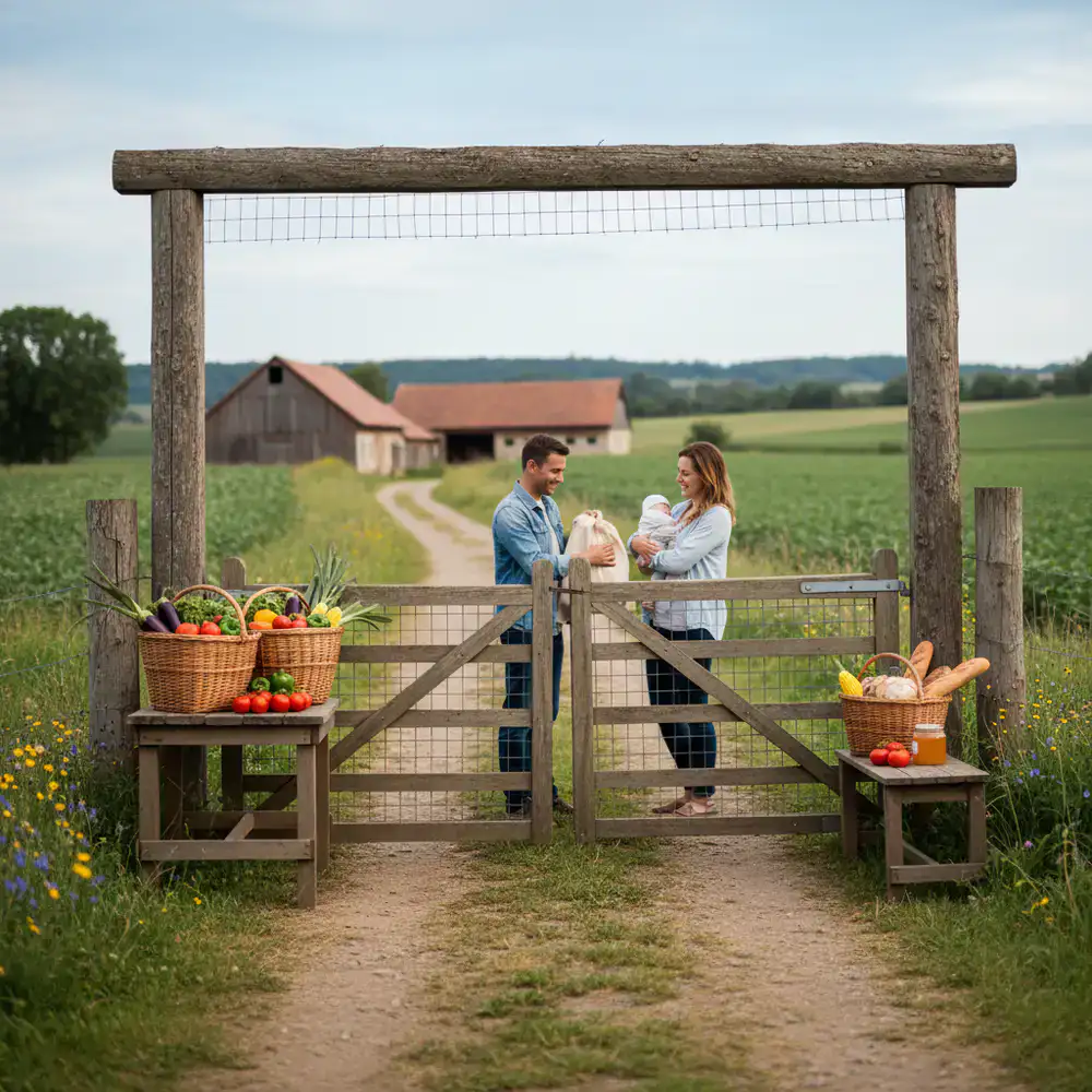 The welcoming farm gate where visitors pick up orders