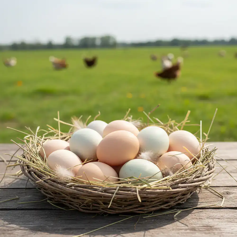 Fresh organic eggs collected from the pasture