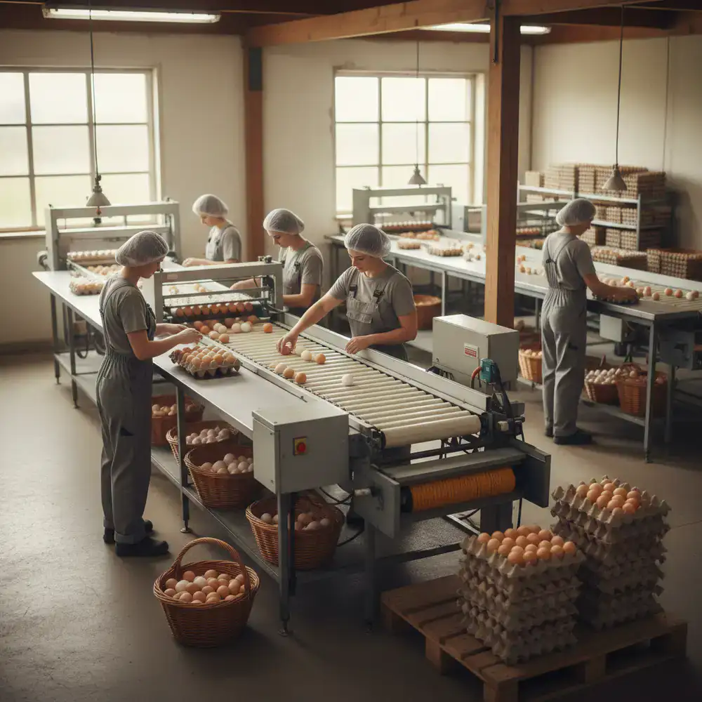 Careful sorting of fresh eggs in the farm packing room