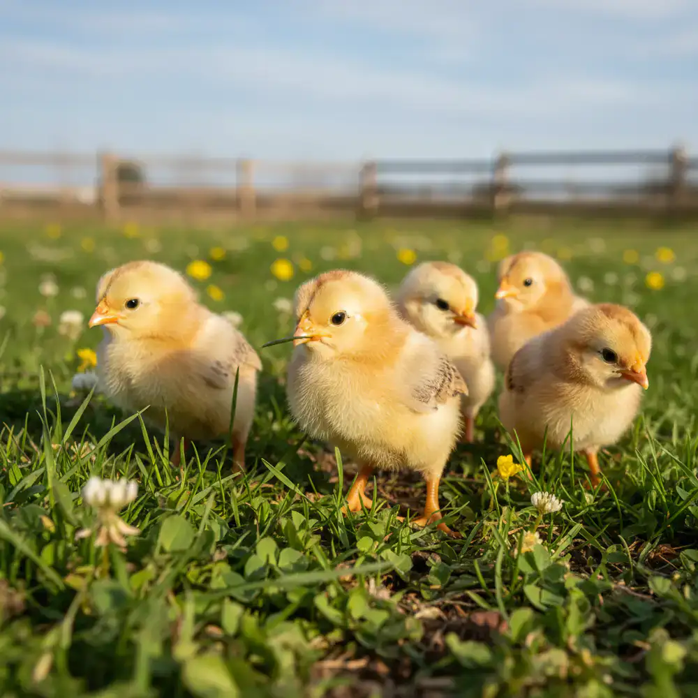 Young chicks exploring spring grass