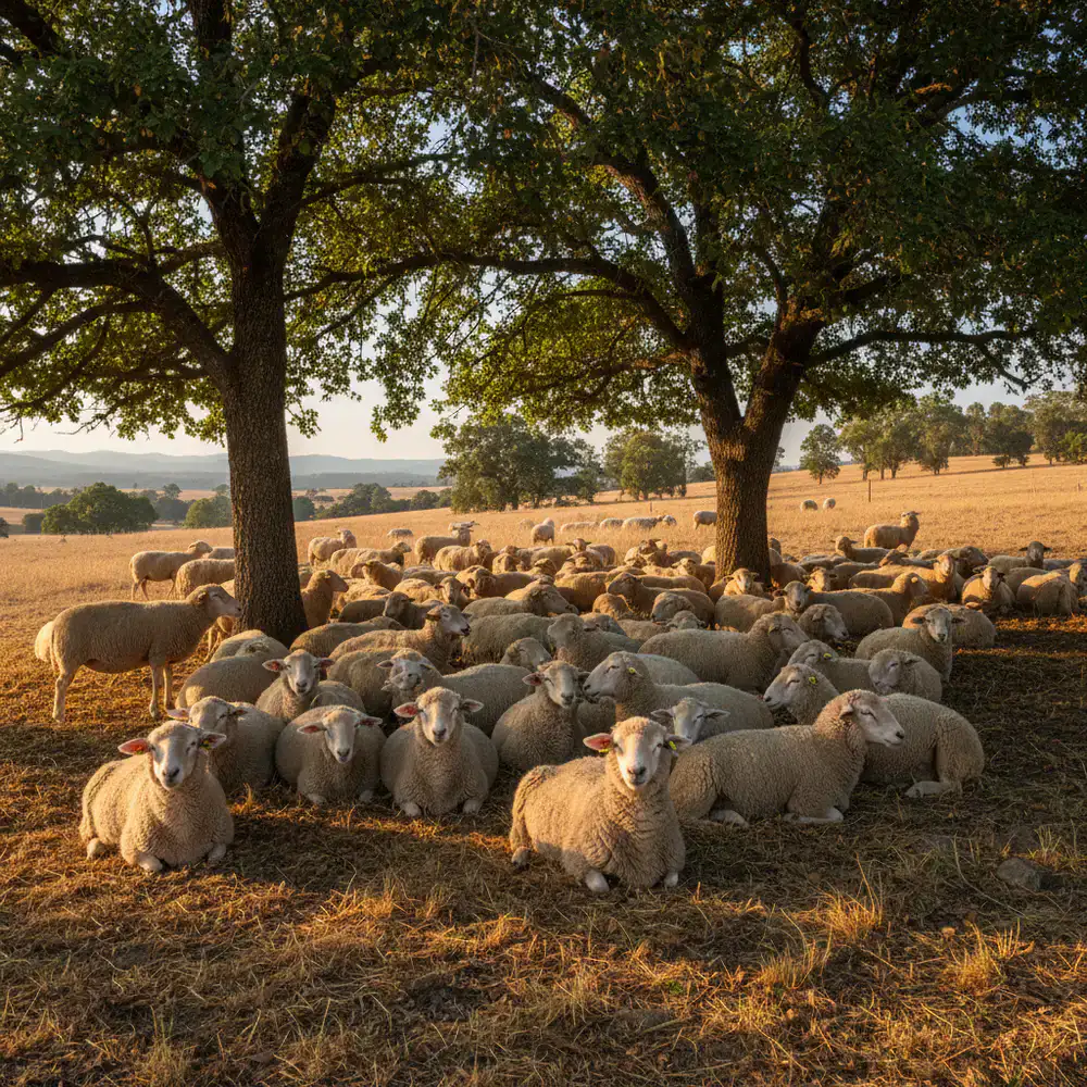 Mature flock resting under shade trees in summer