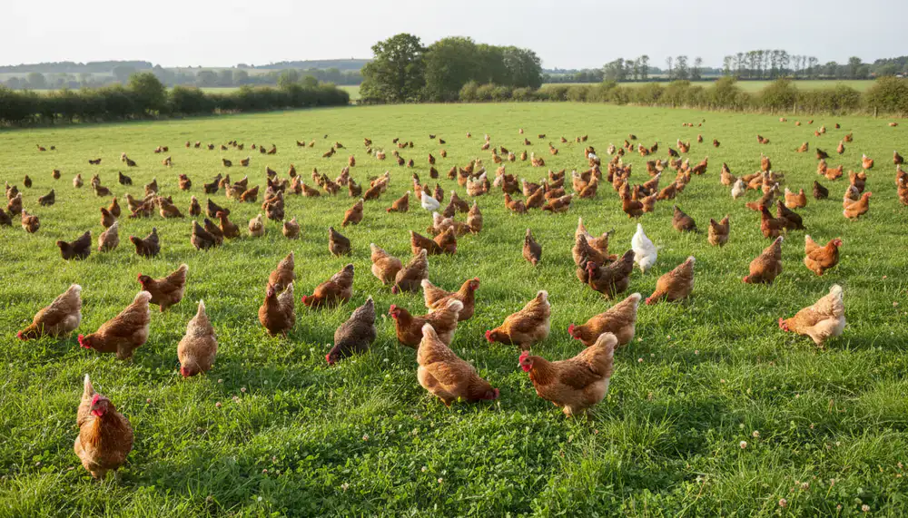 Large flock of chickens enjoying extensive green pastures